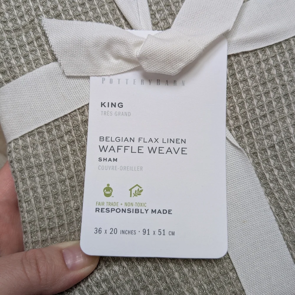 NWT Pottery Barn Set Belgian Flax Linen Waffle Weave Sage Green King Shams